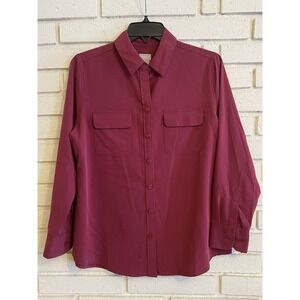 Chicos 1P Button Up Shirt Burgundy Modal Blend Long Sleeve Size Medium